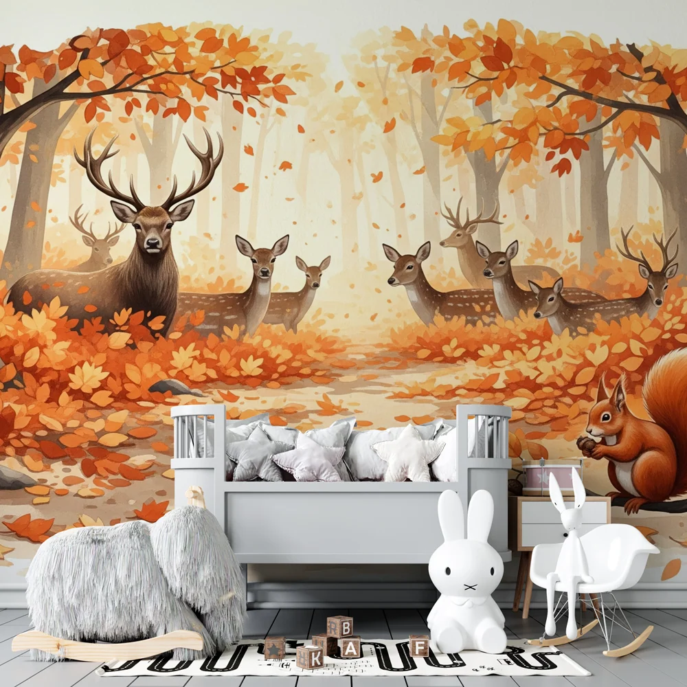 Papel de parede quarto bebê | Floresta de outono com animais