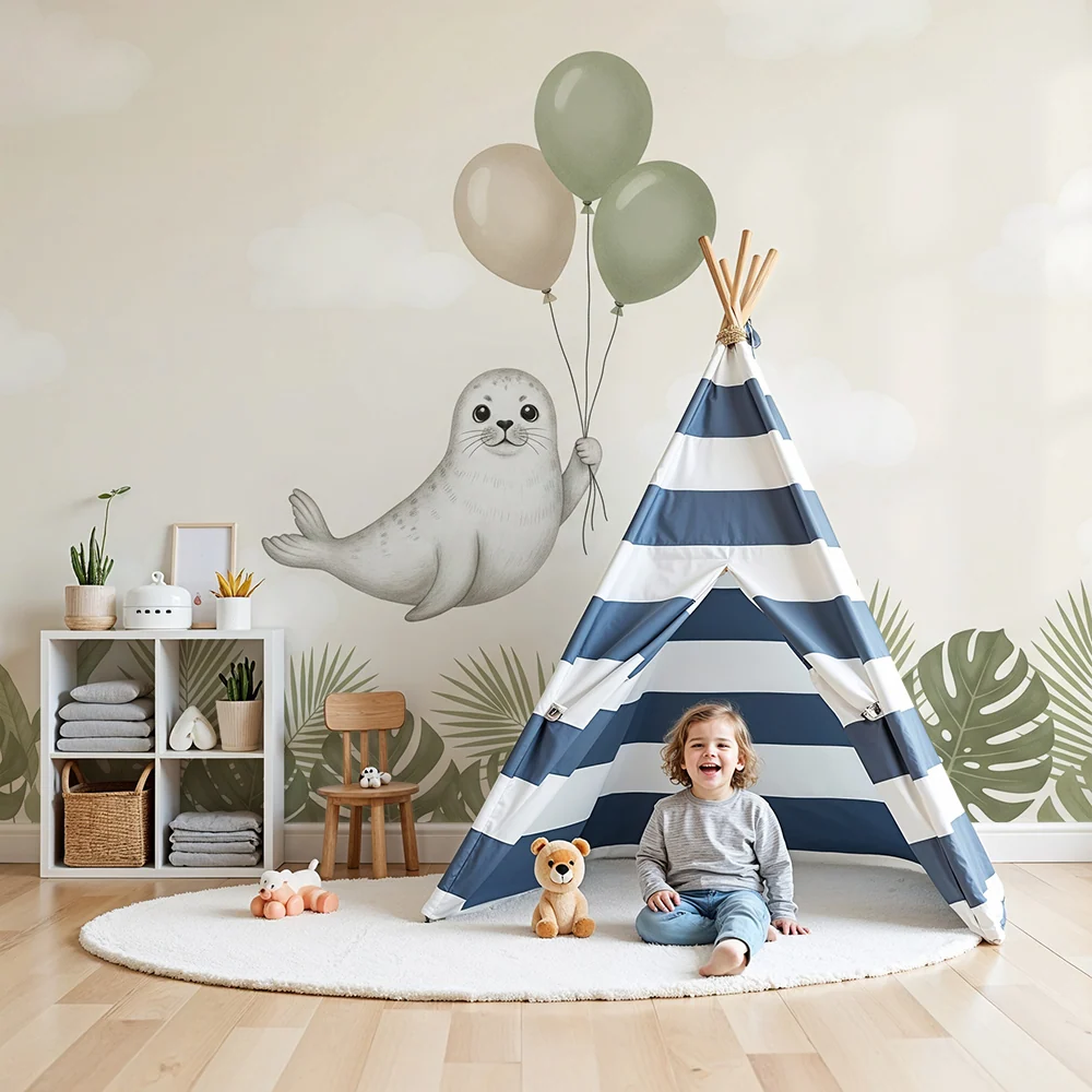 Papel de parede quarto bebê | Foca feliz com balões