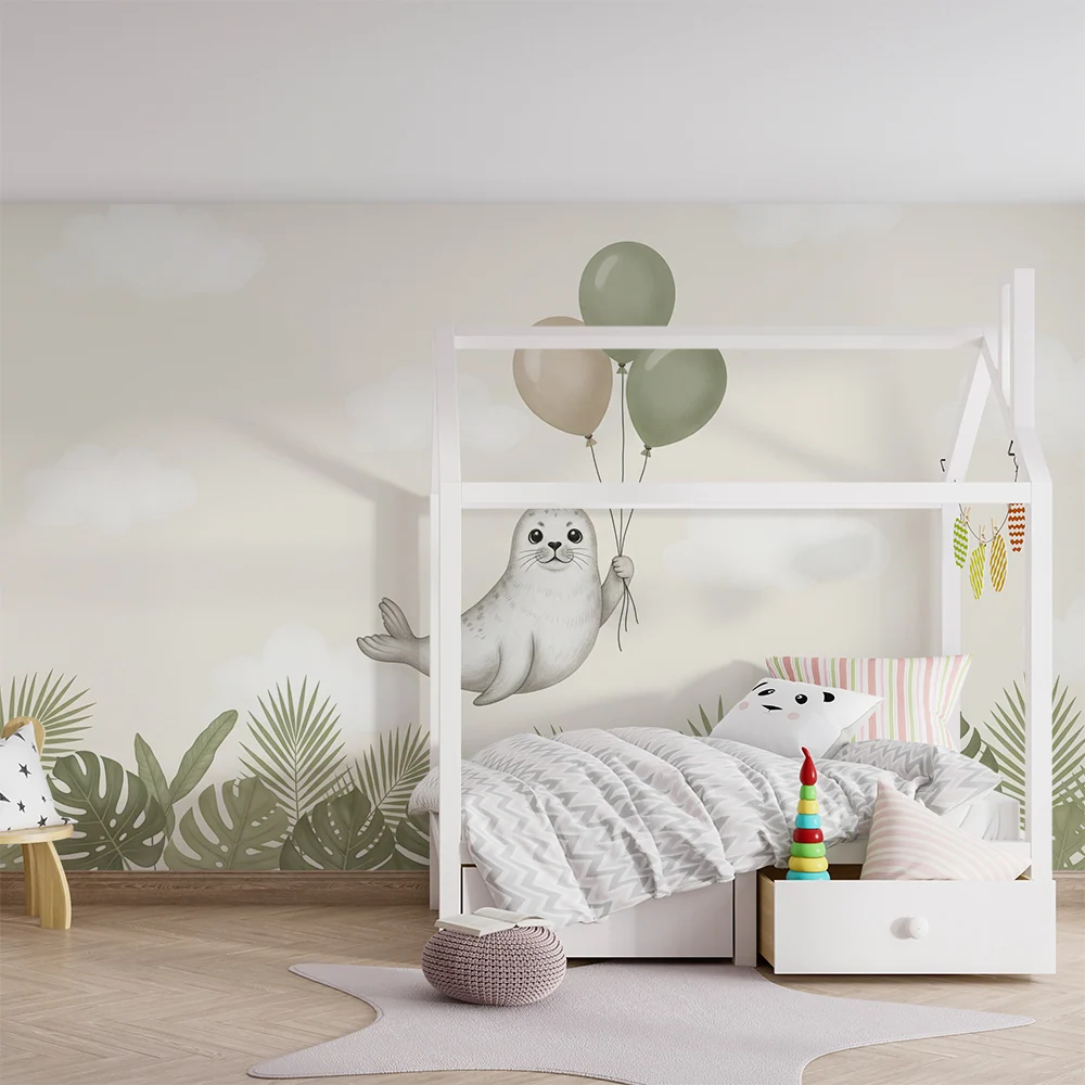 Papel de parede quarto bebê | Foca feliz com balões