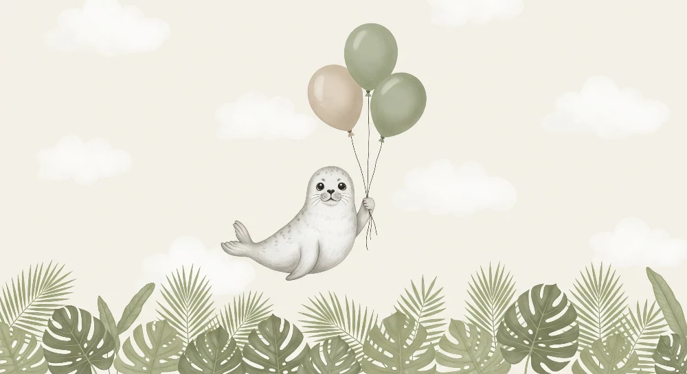 Papel de parede quarto bebê | Foca feliz com balões