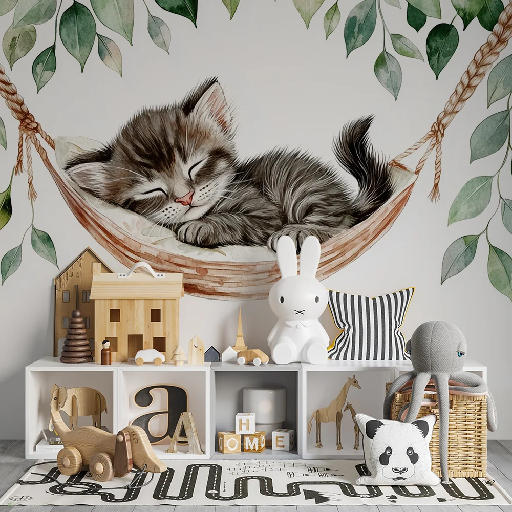 Papel de parede quarto bebê | Gatinho adormecido e folhagem verde