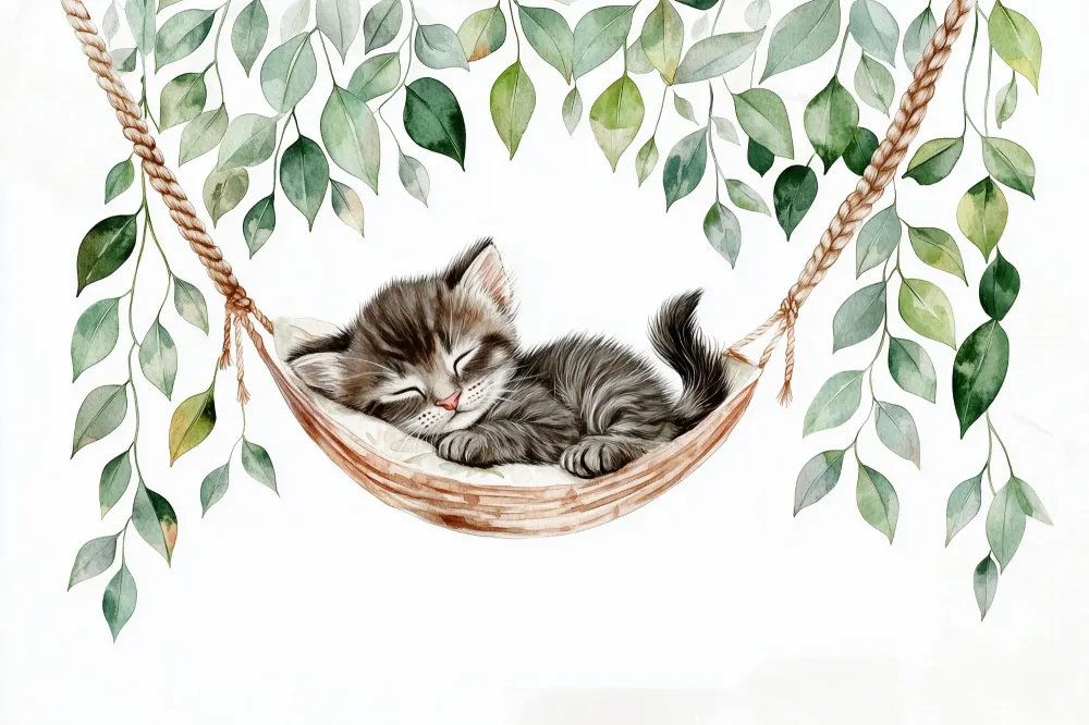 Papel de parede quarto bebê | Gatinho adormecido e folhagem verde