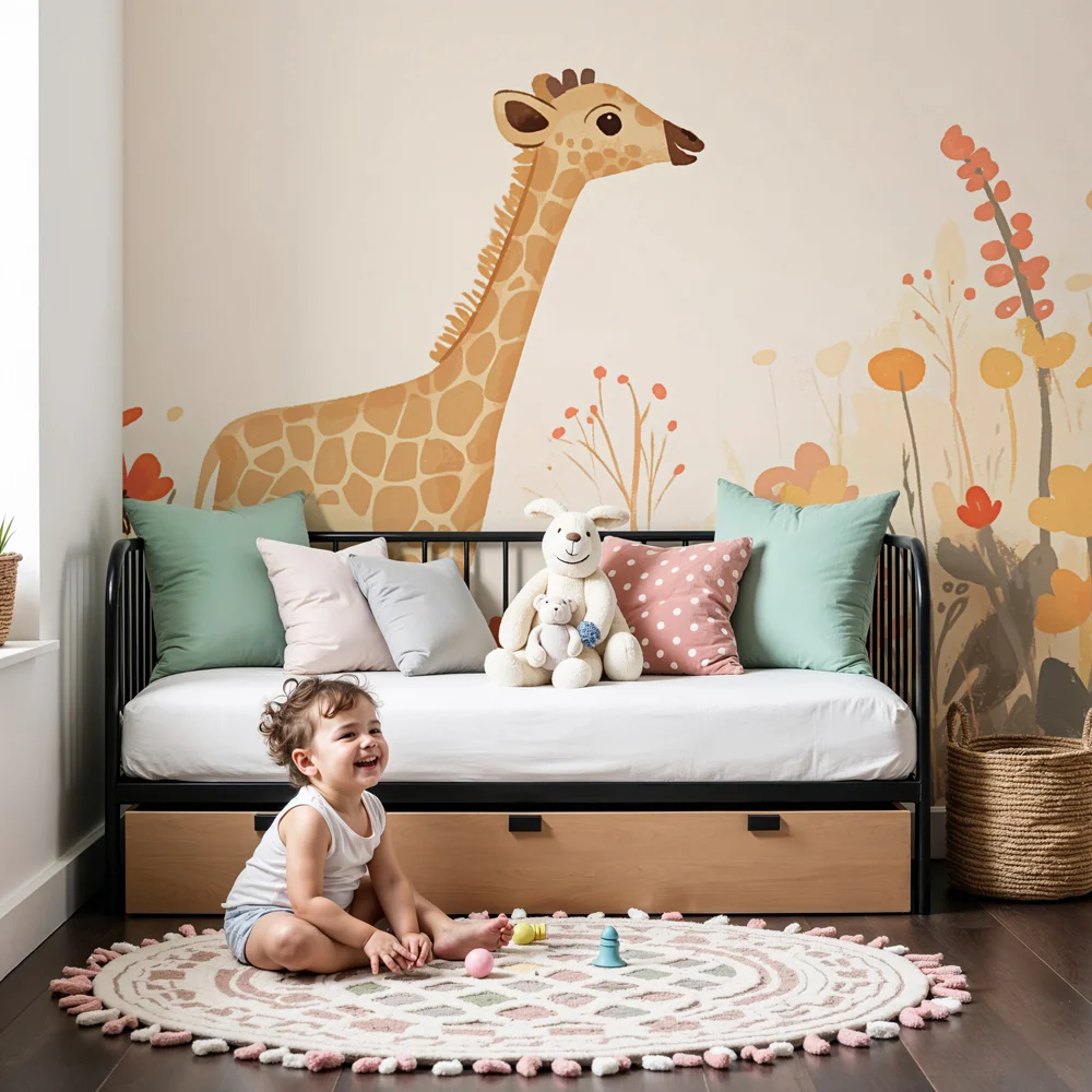 Papel de parede quarto bebê | Girafa no meio de flores coloridas