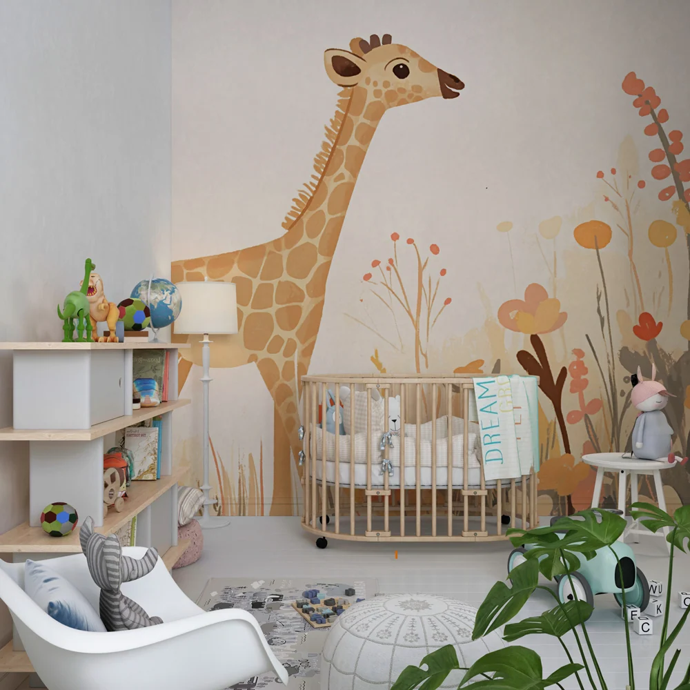 Papel de parede quarto bebê | Girafa no meio de flores coloridas