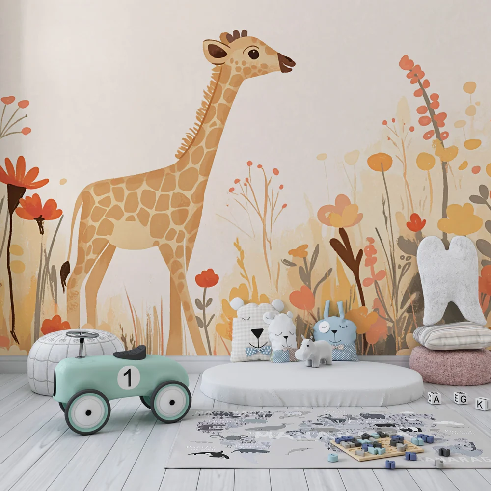 Papel de parede quarto bebê | Girafa no meio de flores coloridas