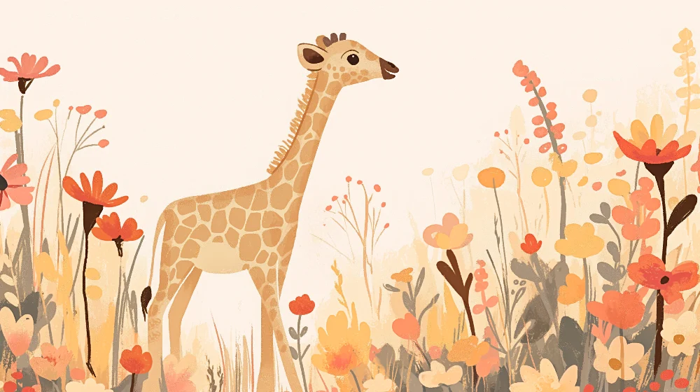 Papel de parede quarto bebê | Girafa no meio de flores coloridas