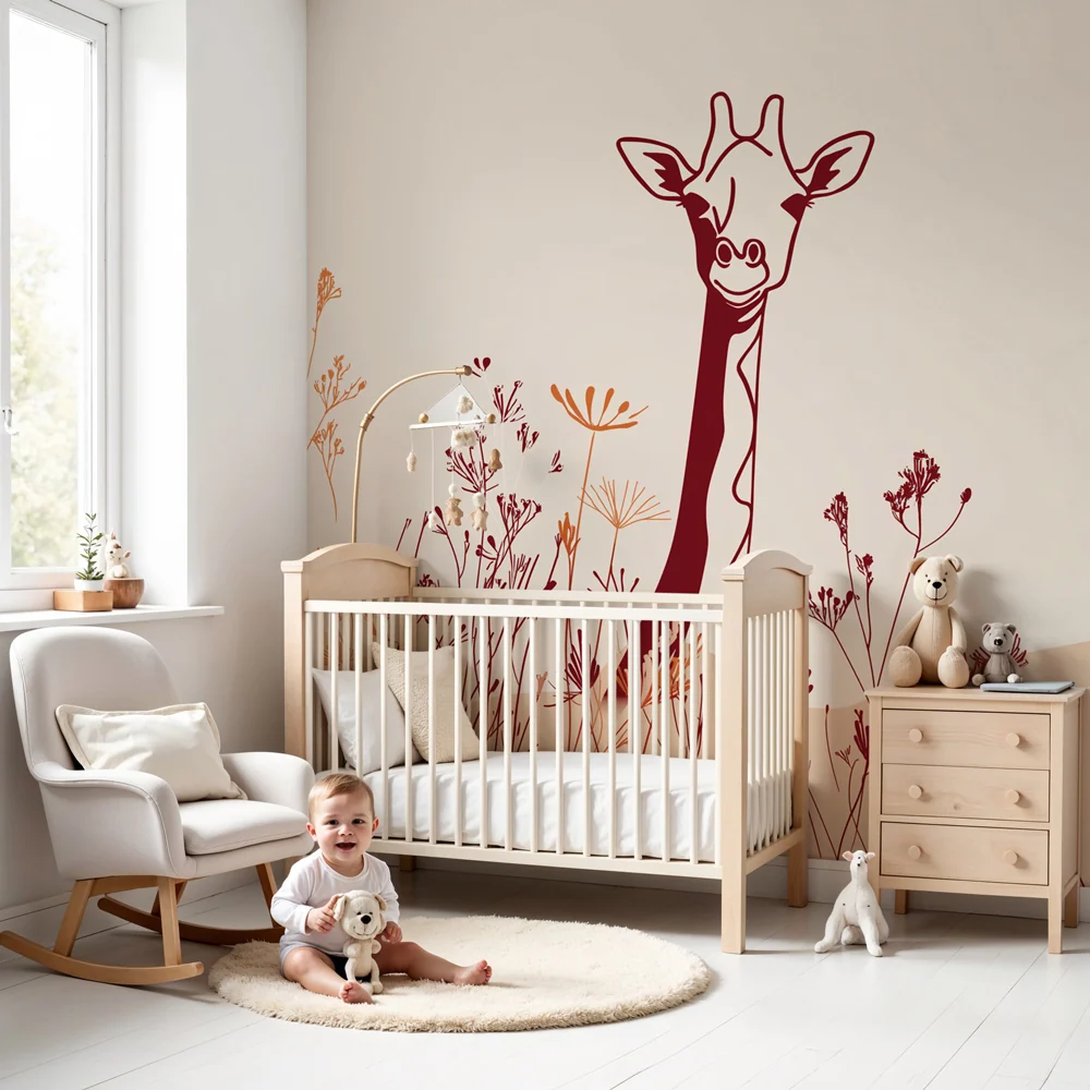 Papel de parede quarto bebê | Girafa sorridente e flores delicadas