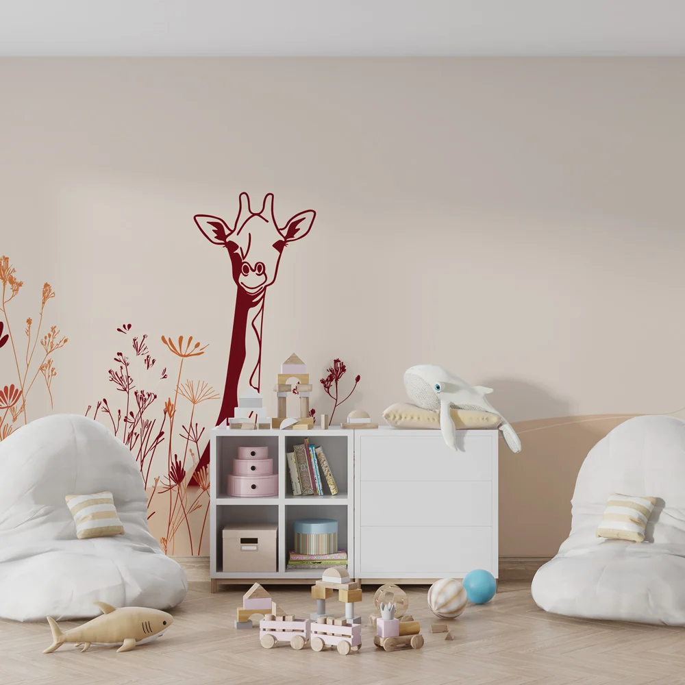 Papel de parede quarto bebê | Girafa sorridente e flores delicadas