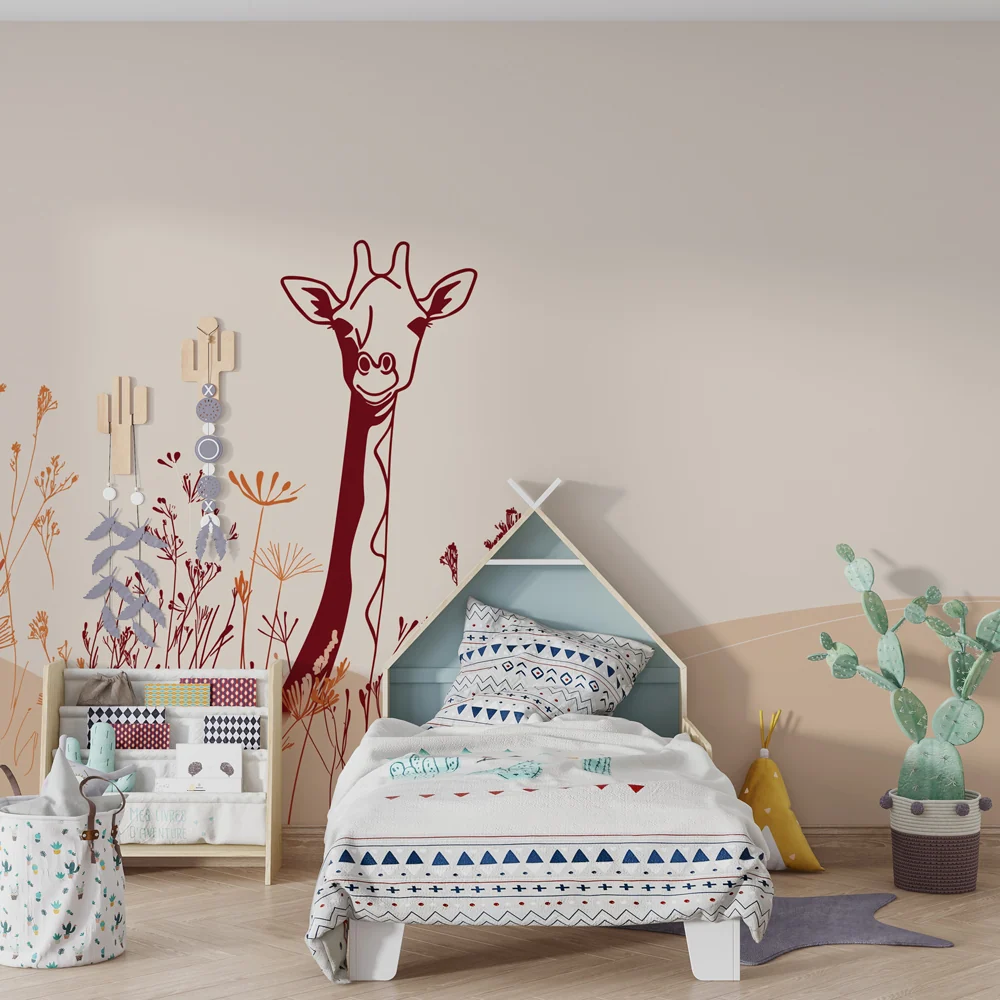 Papel de parede quarto bebê | Girafa sorridente e flores delicadas