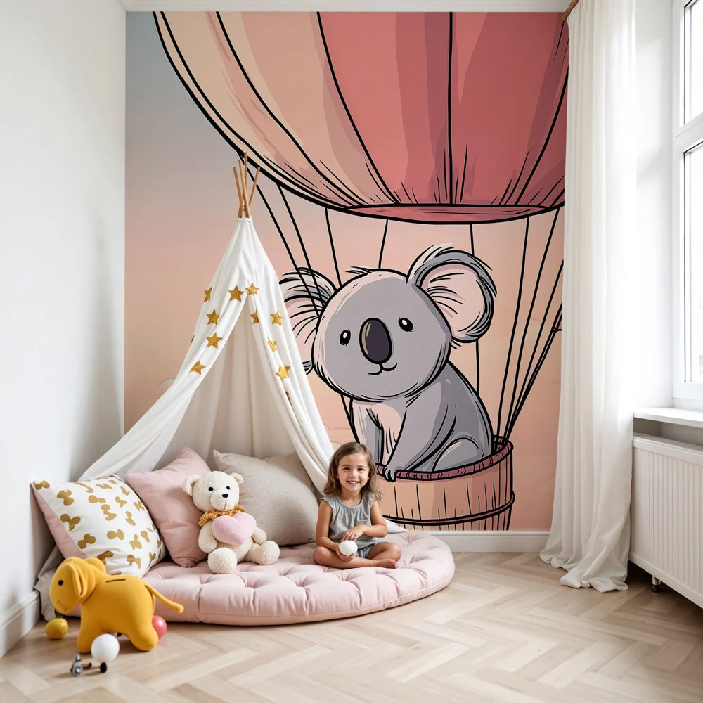 Papel de parede quarto bebê | Koala em um balão de ar quente