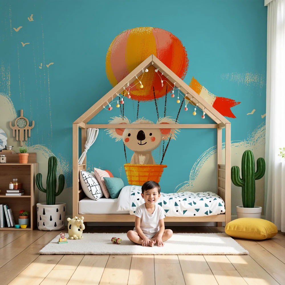 Papel de parede quarto bebê | Koala em um balão dirigível