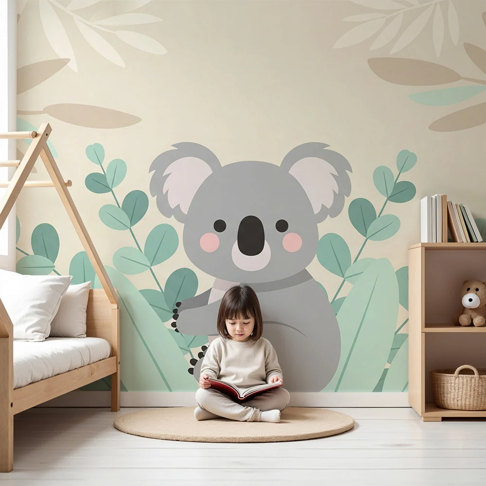 Papel de parede quarto bebê | Koala fofo cercado por folhagem suave