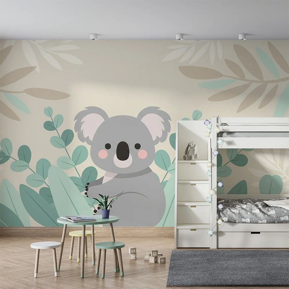 Papel de parede quarto bebê | Koala fofo cercado por folhagem suave