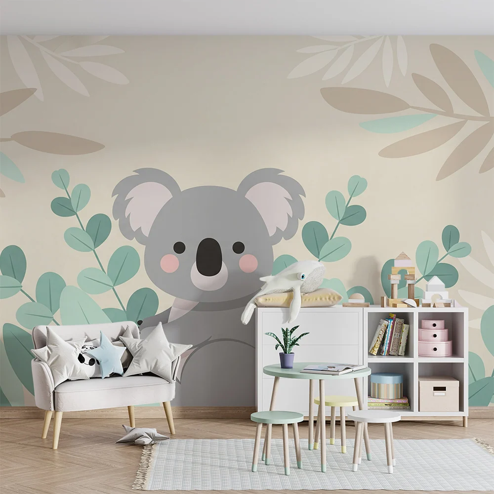 Papel de parede quarto bebê | Koala fofo cercado por folhagem suave