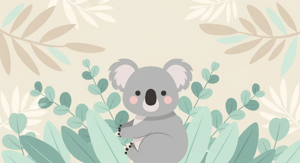 Papel de parede quarto bebê | Koala fofo cercado por folhagem suave