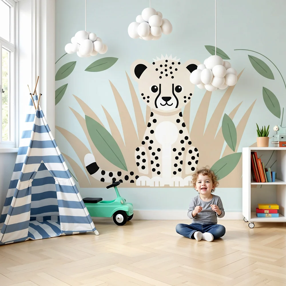 Papel de parede quarto bebê | Leopardo fofo e selva tropical