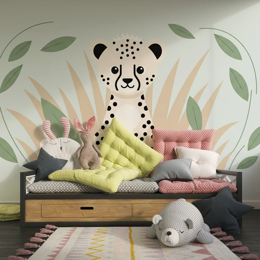 Papel de parede quarto bebê | Leopardo fofo e selva tropical