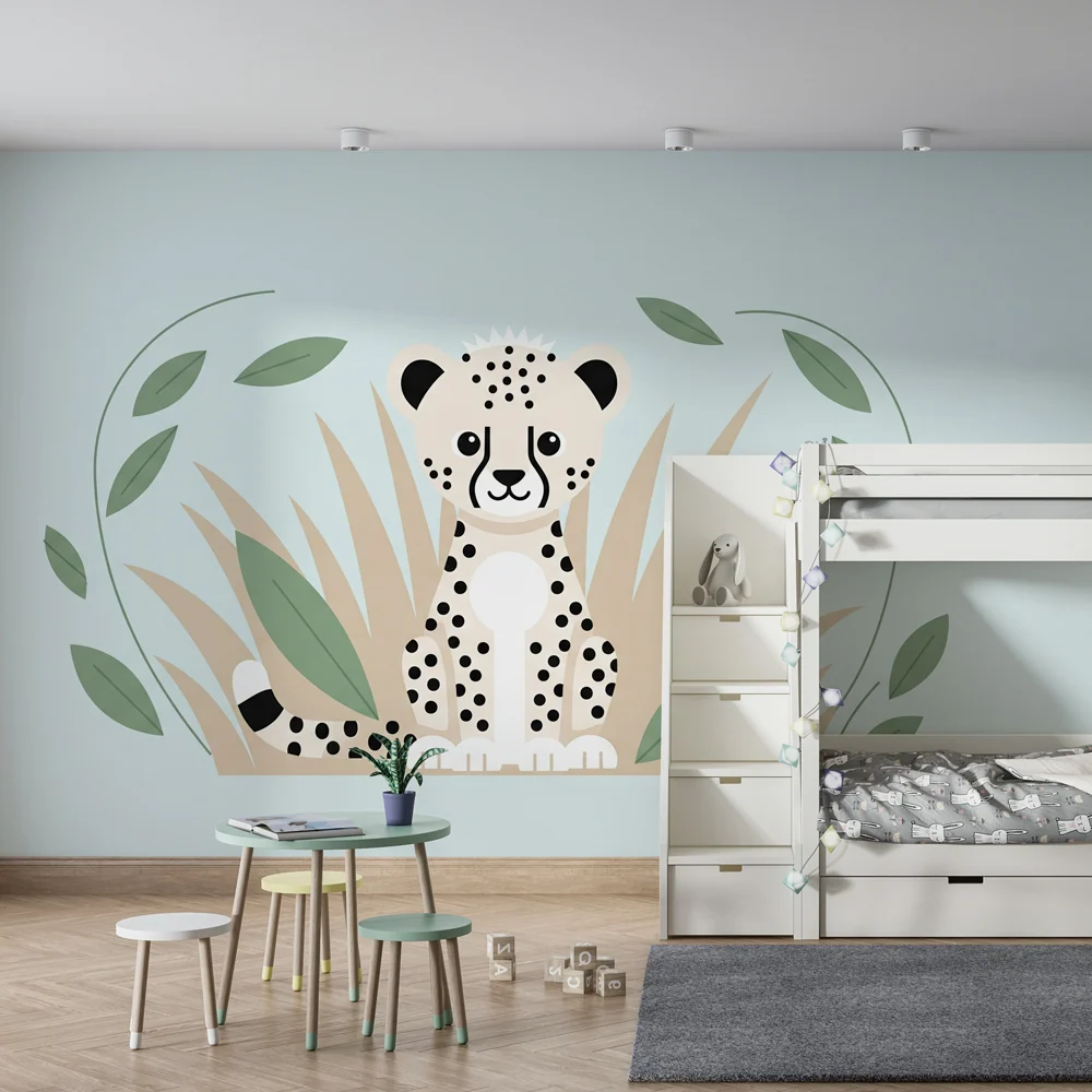 Papel de parede quarto bebê | Leopardo fofo e selva tropical