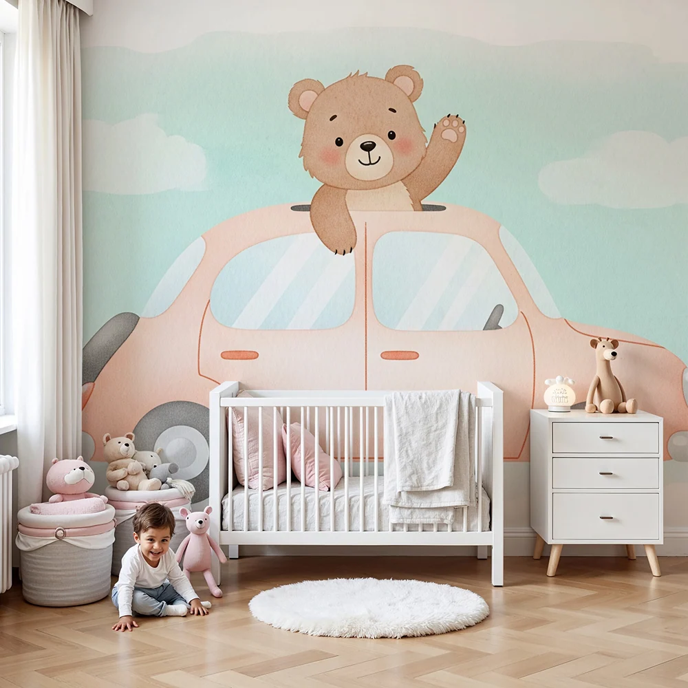 Papel de parede quarto bebê | Ouriço aventureiro no carro