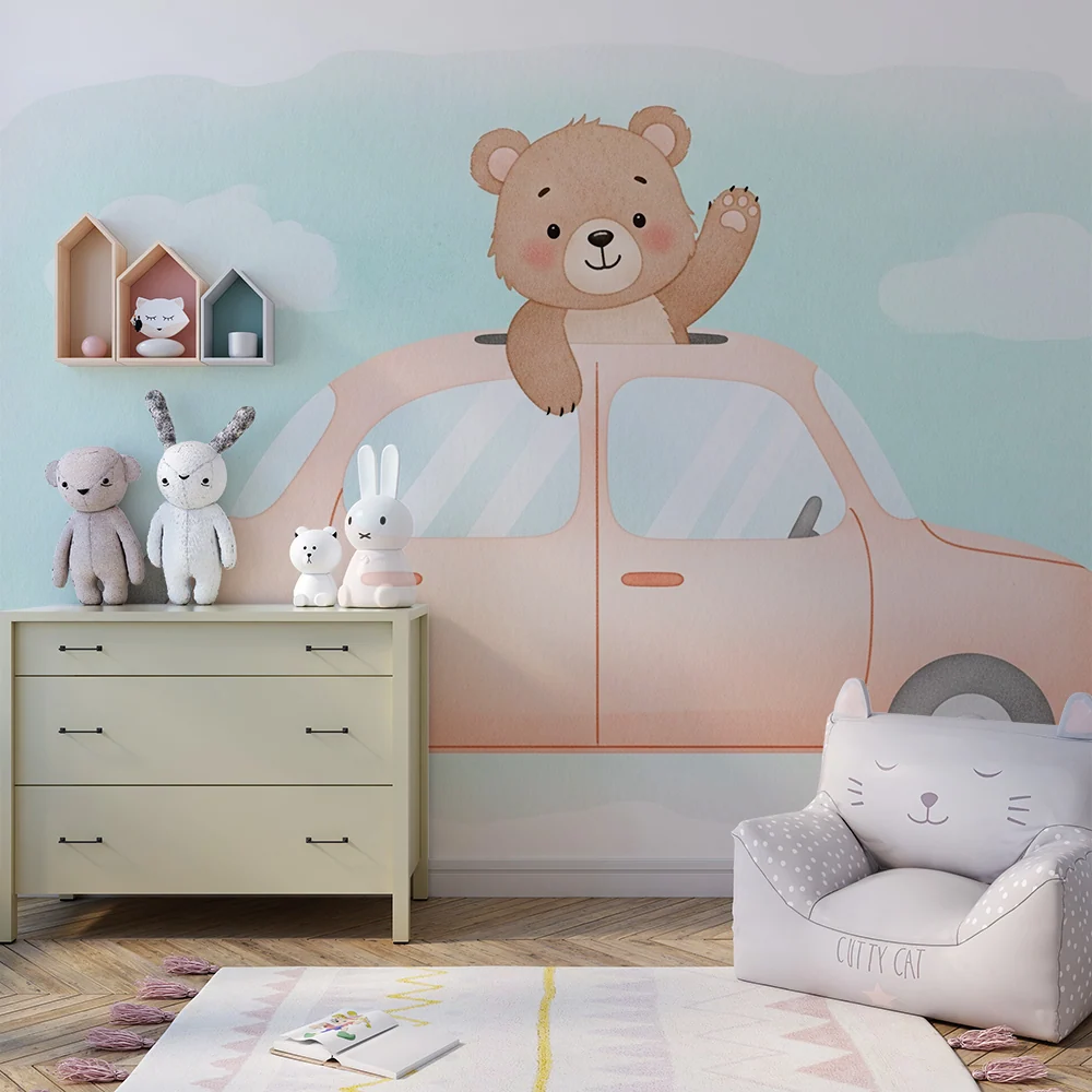 Papel de parede quarto bebê | Ouriço aventureiro no carro