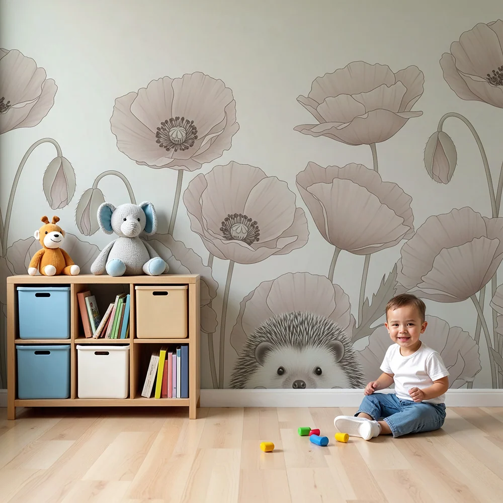 Papel de parede quarto bebê | Ouriço e delicadas papoilas