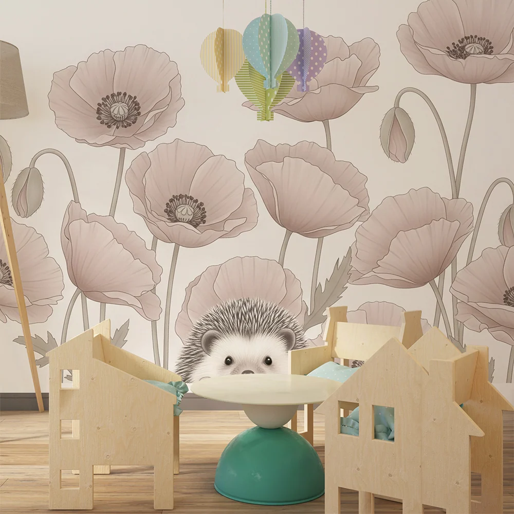 Papel de parede quarto bebê | Ouriço e delicadas papoilas