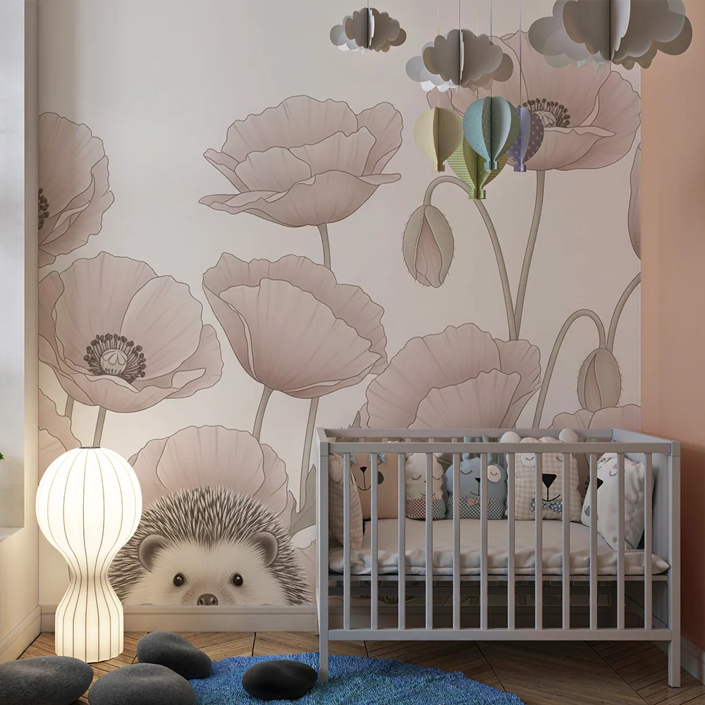 Papel de parede quarto bebê | Ouriço e delicadas papoilas