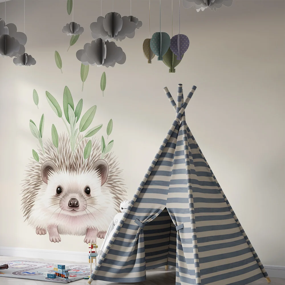 Papel de parede quarto bebê | Ouriço e vegetação suave