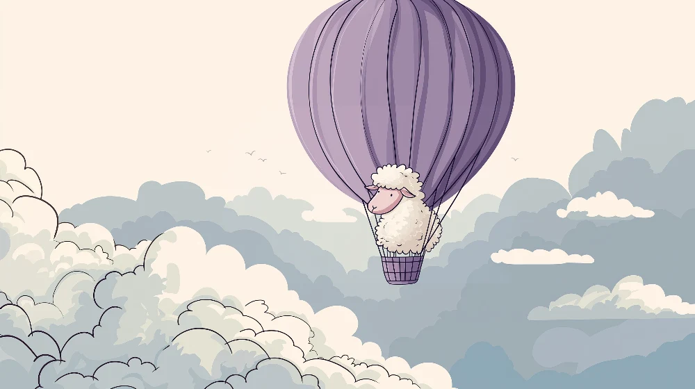 Papel de parede quarto bebê | Ovelha em um balão de ar quente entre as nuvens