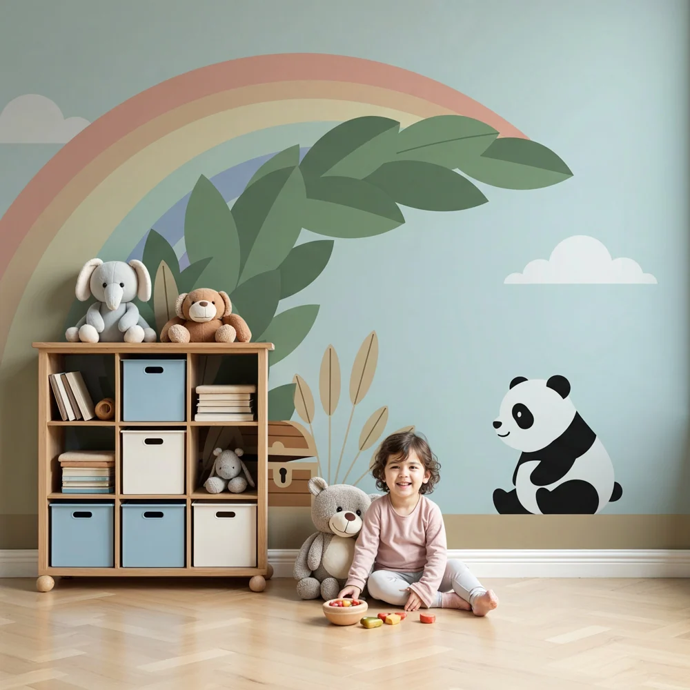 Papel de parede quarto bebê | Panda e arco-íris num mundo mágico