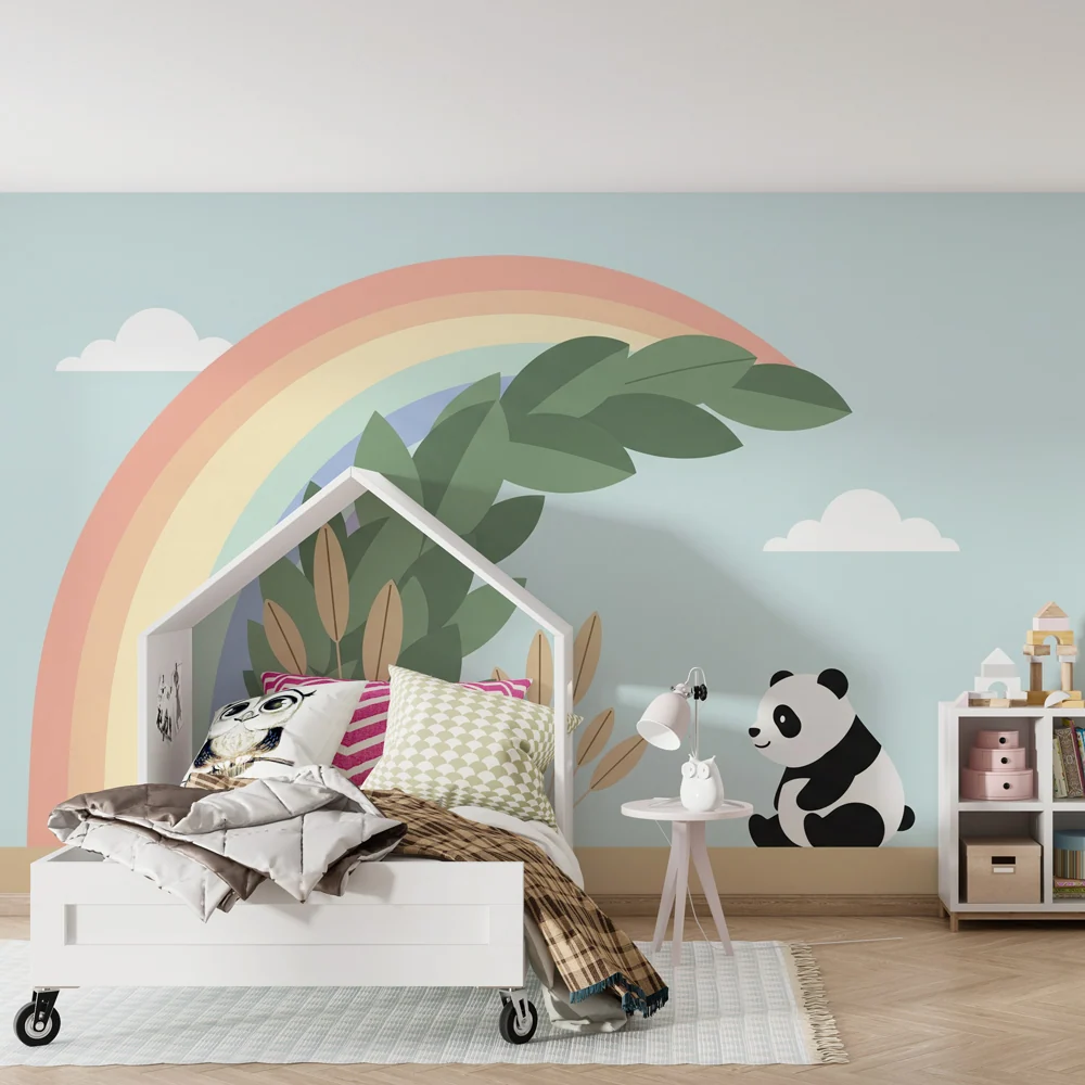 Papel de parede quarto bebê | Panda e arco-íris num mundo mágico