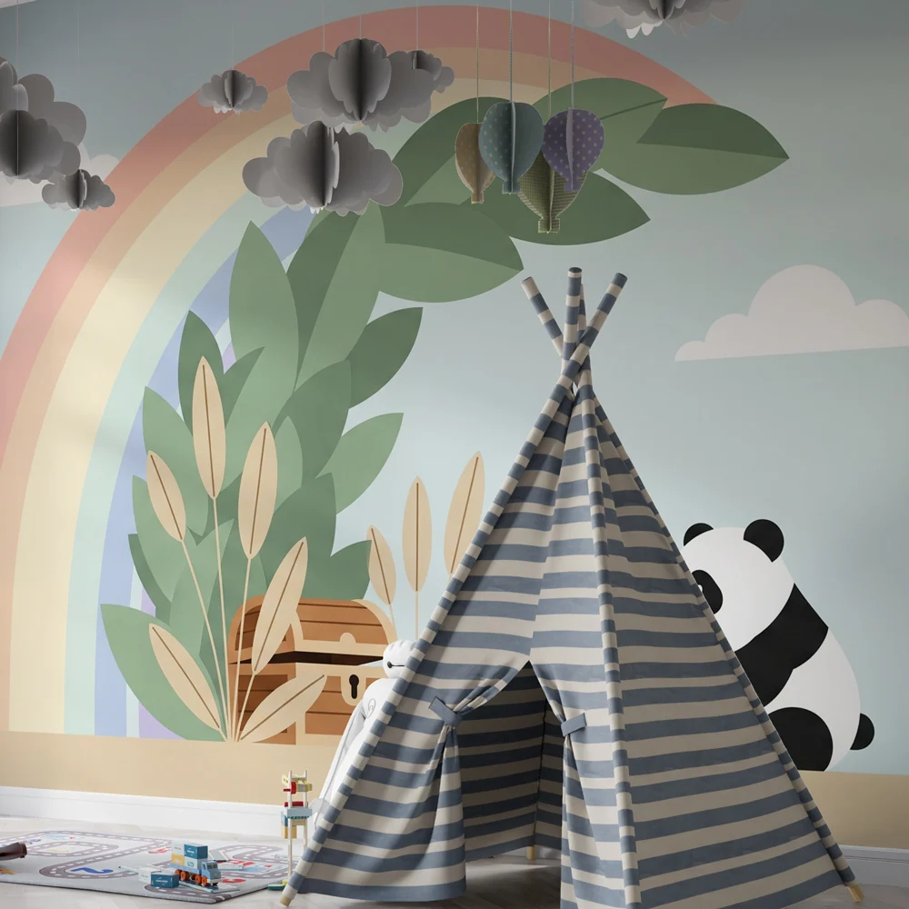 Papel de parede quarto bebê | Panda e arco-íris num mundo mágico