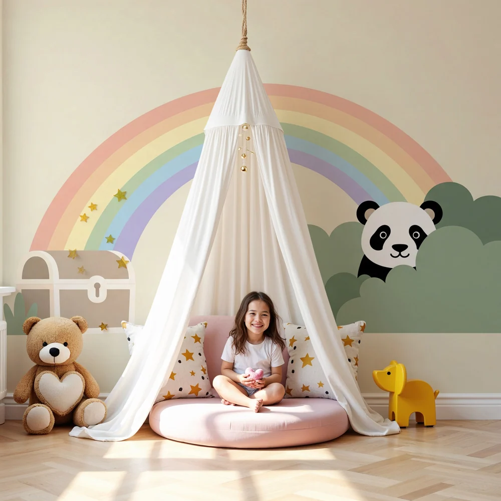 Papel de parede quarto bebê | Panda e arco-íris num jardim mágico