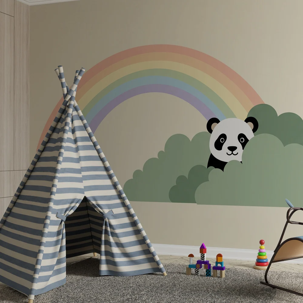 Papel de parede quarto bebê | Panda e arco-íris num jardim mágico