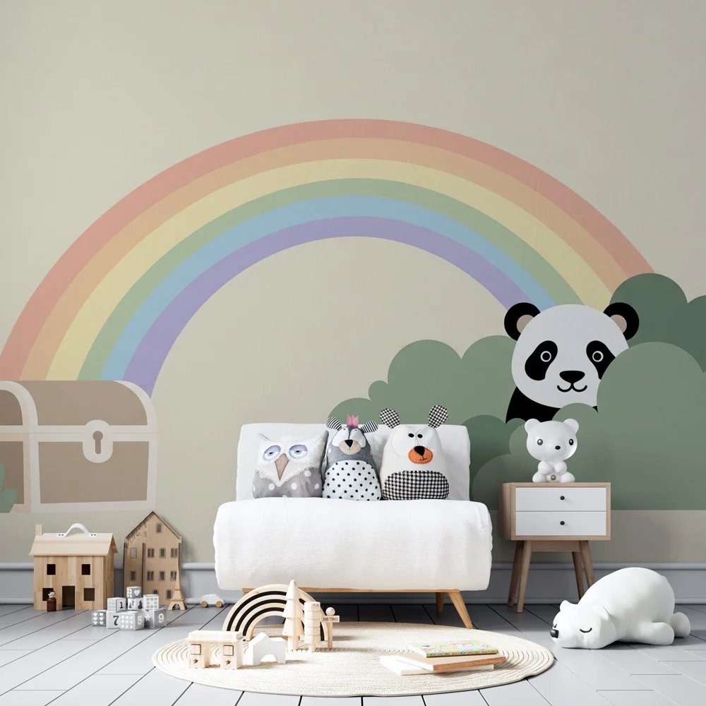 Papel de parede quarto bebê | Panda e arco-íris num jardim mágico