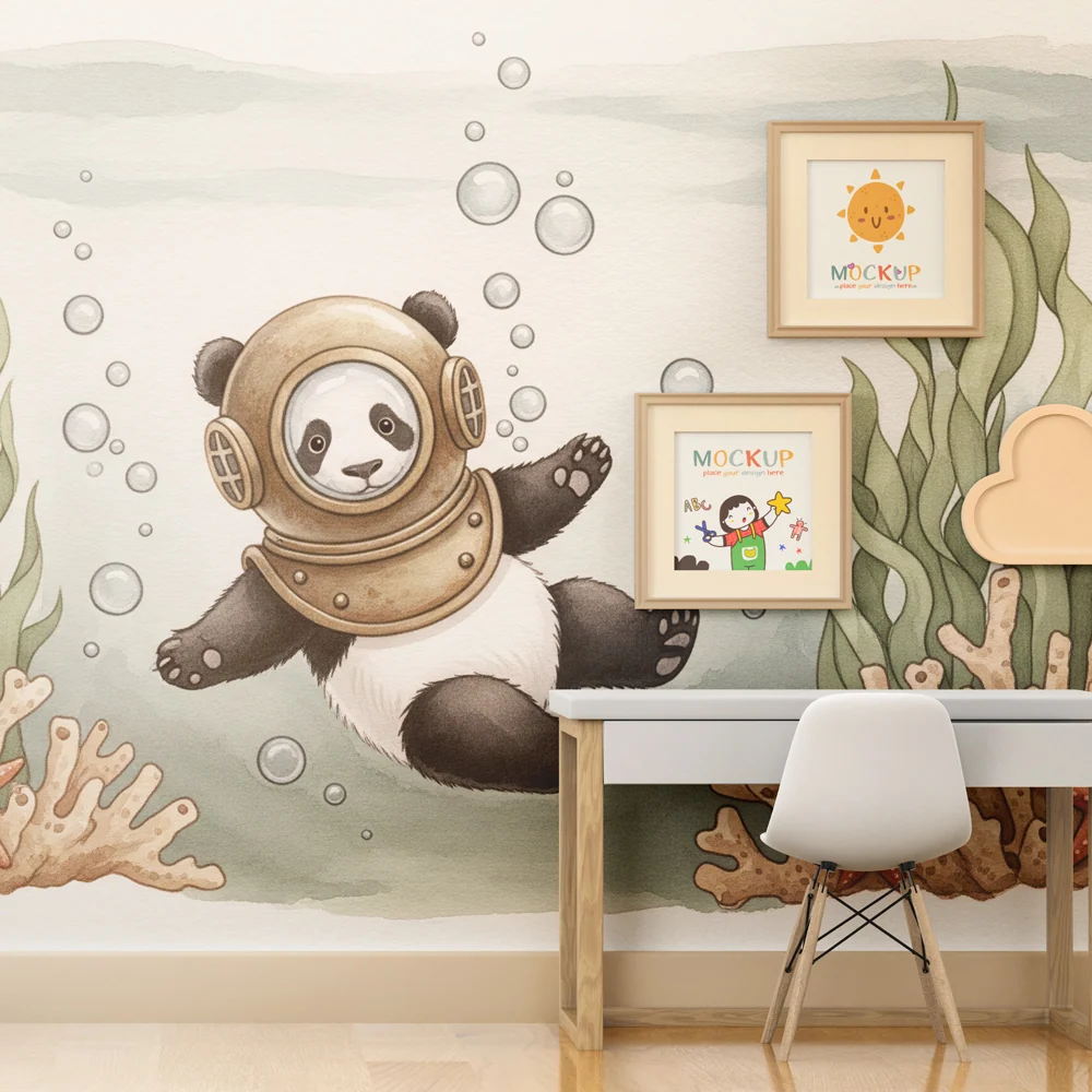 Papel de parede quarto bebê | Panda explorador submarino