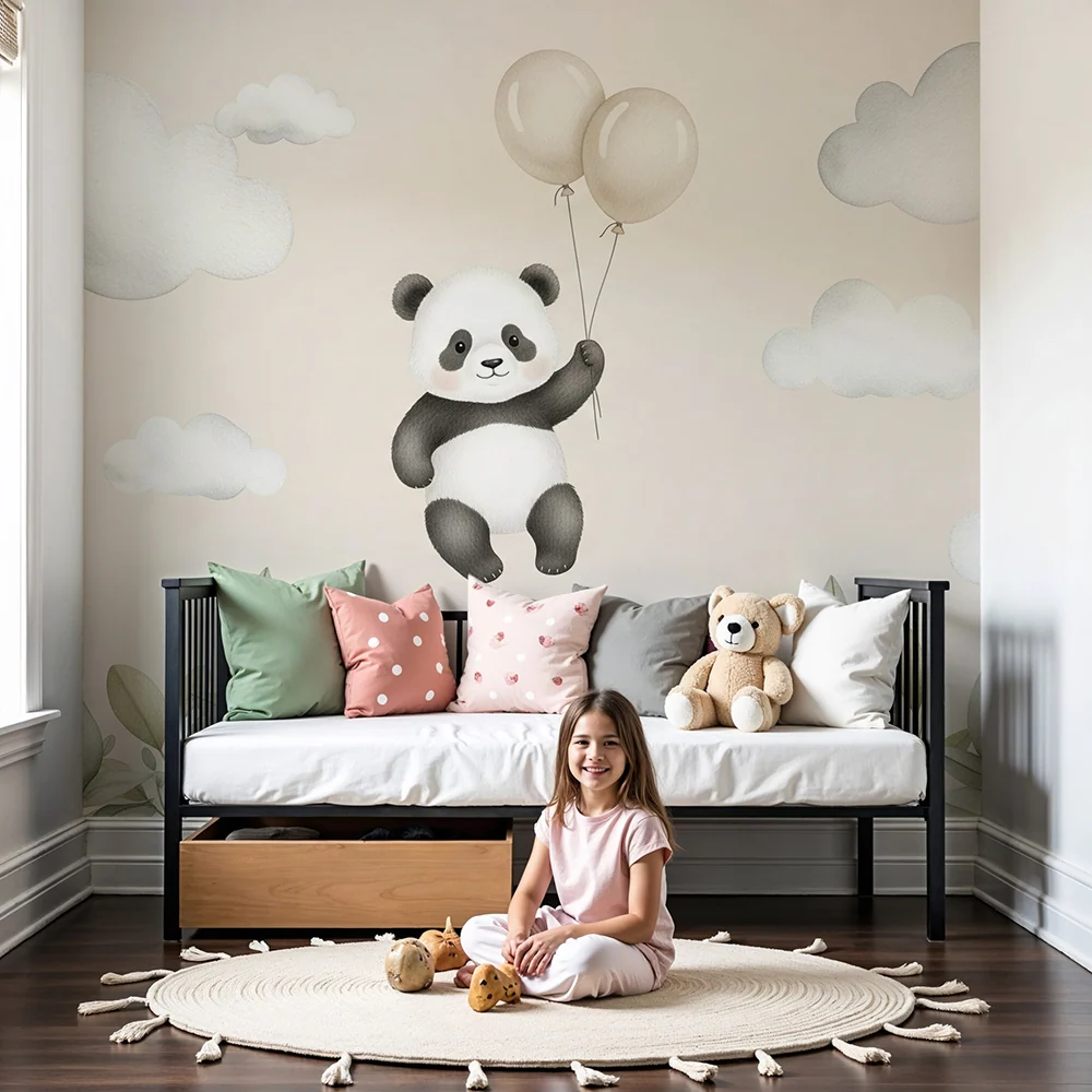 Papel de parede quarto bebê | Panda flutuante com balões e nuvens