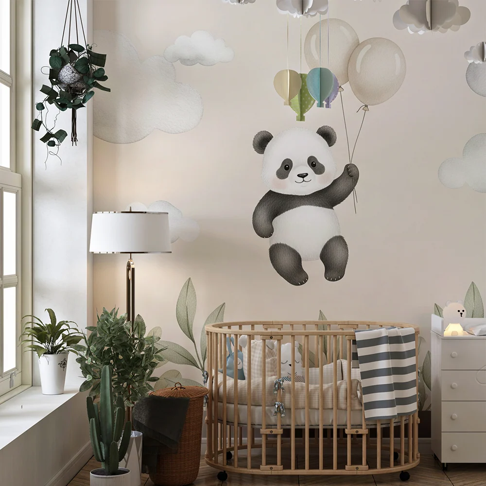 Papel de parede quarto bebê | Panda flutuante com balões e nuvens