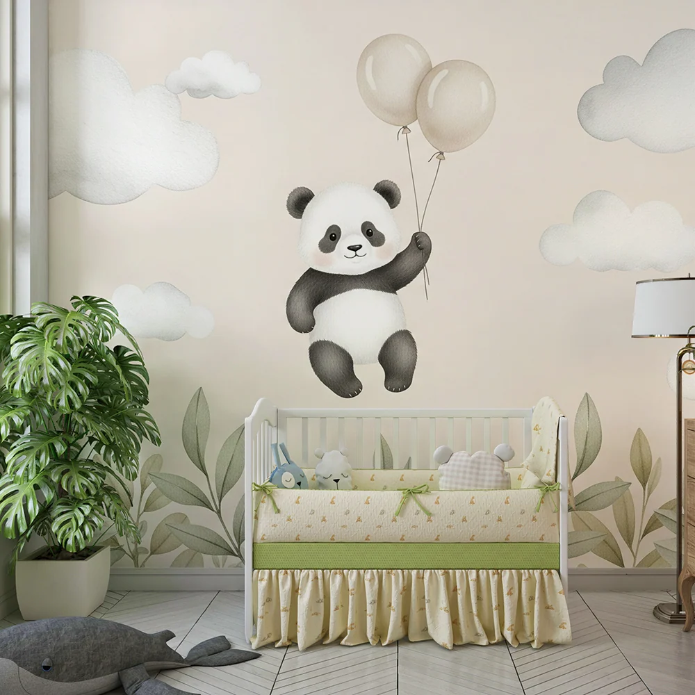 Papel de parede quarto bebê | Panda flutuante com balões e nuvens