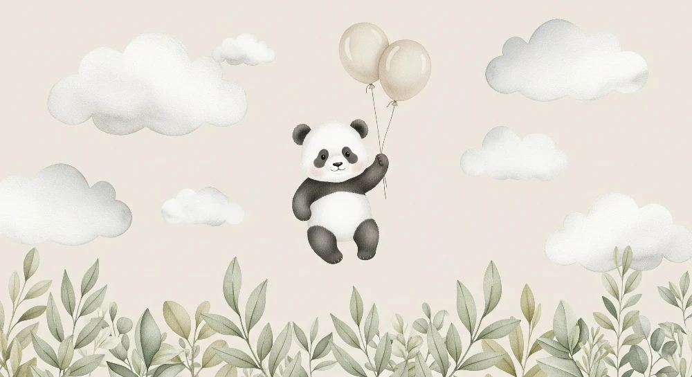 Papel de parede quarto bebê | Panda flutuante com balões e nuvens