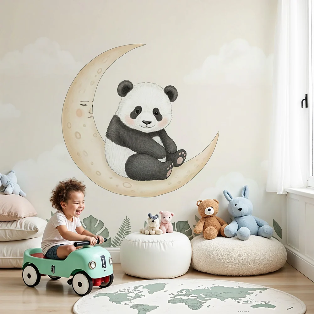 Papel de parede quarto bebê | Panda fofo na lua