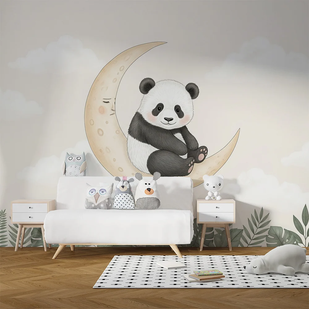 Papel de parede quarto bebê | Panda fofo na lua