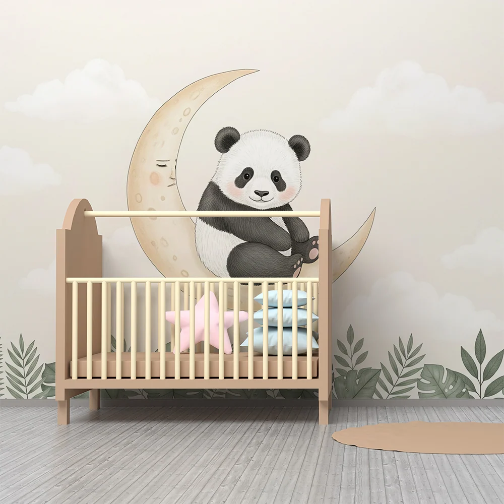 Papel de parede quarto bebê | Panda fofo na lua
