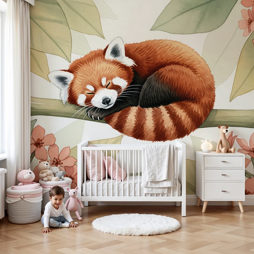 Papel de parede quarto bebê | Panda vermelho adormecido entre as flores
