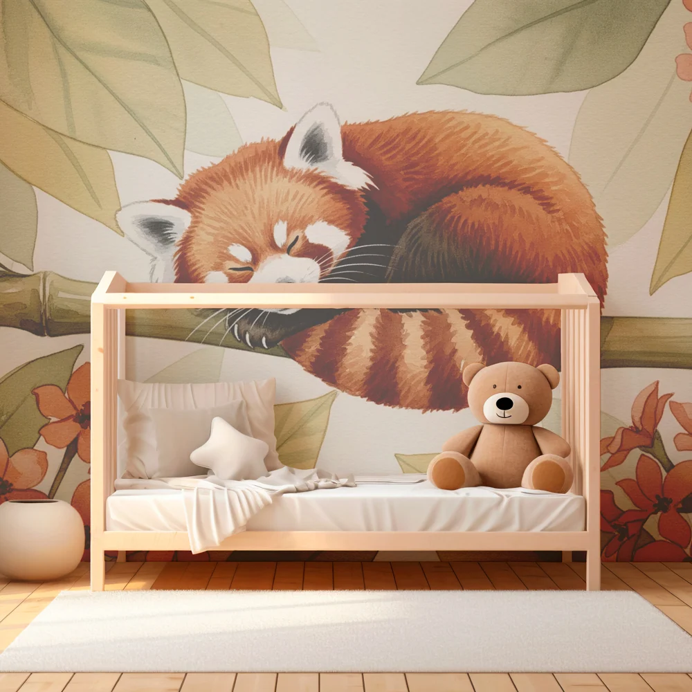 Papel de parede quarto bebê | Panda vermelho adormecido entre as flores