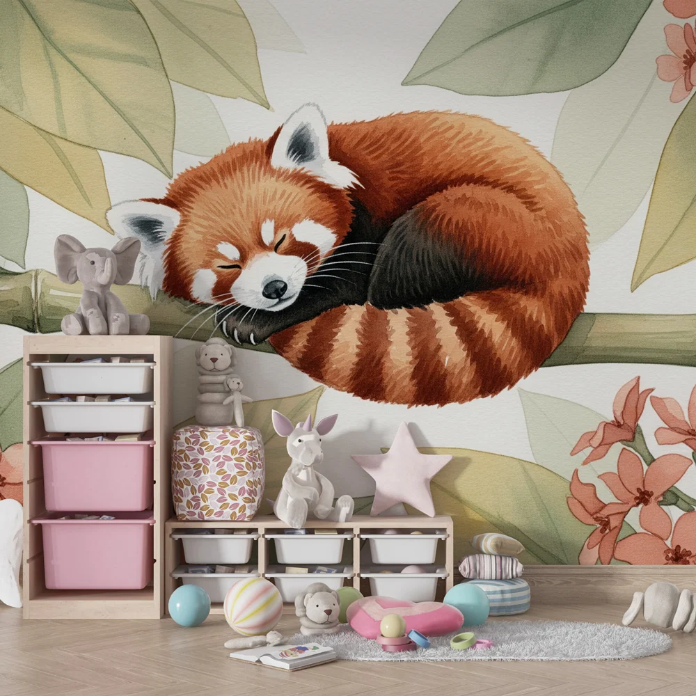 Papel de parede quarto bebê | Panda vermelho adormecido entre as flores