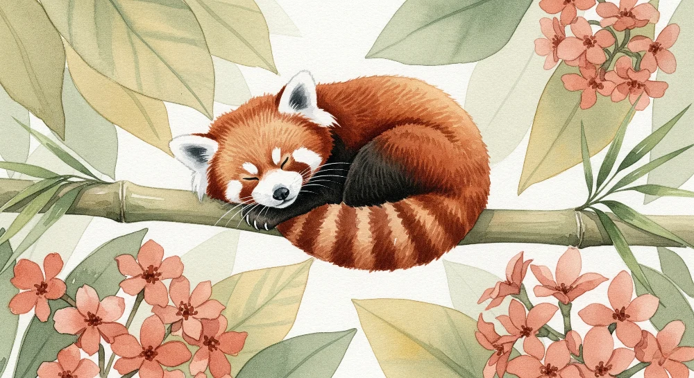 Papel de parede quarto bebê | Panda vermelho adormecido entre as flores