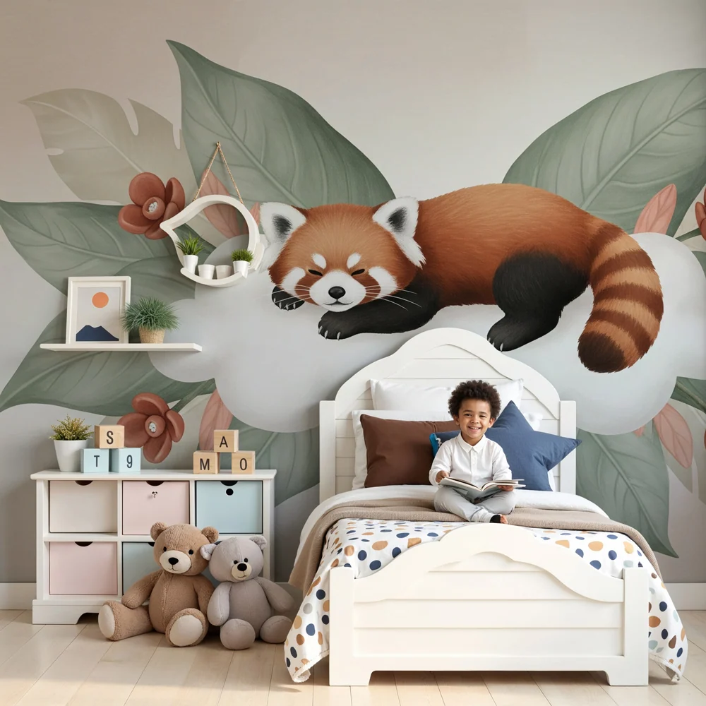 Papel de parede quarto bebê | Panda vermelho adormecido numa nuvem