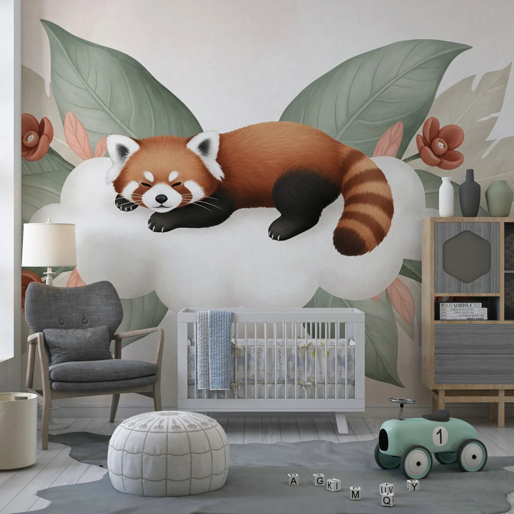 Papel de parede quarto bebê | Panda vermelho adormecido numa nuvem