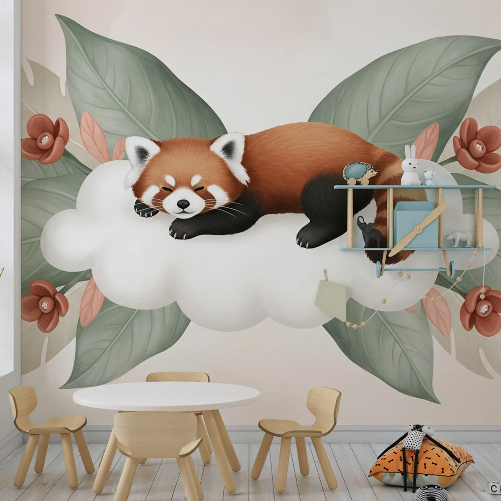 Papel de parede quarto bebê | Panda vermelho adormecido numa nuvem